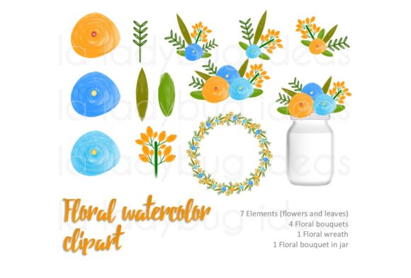 Blue Orange Watercolor Floral Clip Art for Local Branding and Packaging