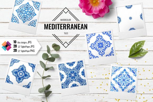 Elegant and Versatile: Watercolor Blue and White Tiles for Local Branding